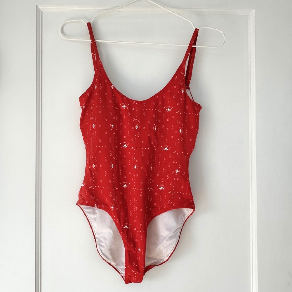 Fin & Vince One Piece Swimsuit Red Patterned XS scoop printed swim women's